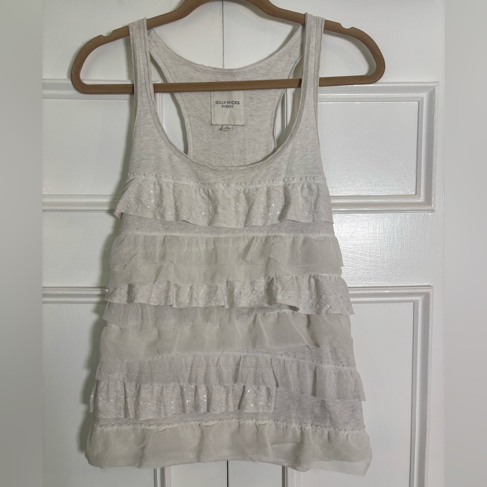 Gilly Hicks Ruffled Tiered Sparkle Greyed Oatmeal Racerback Tank Top Size Large